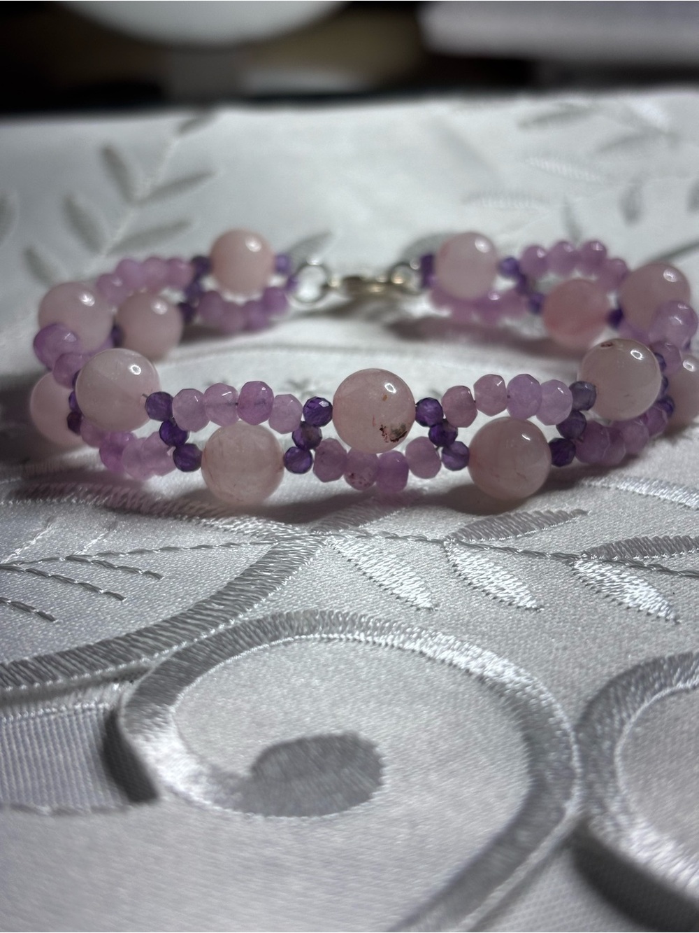 Rose Quartz Bracelet accented with Lavender Jade and Amethyst beads 7.5 inches